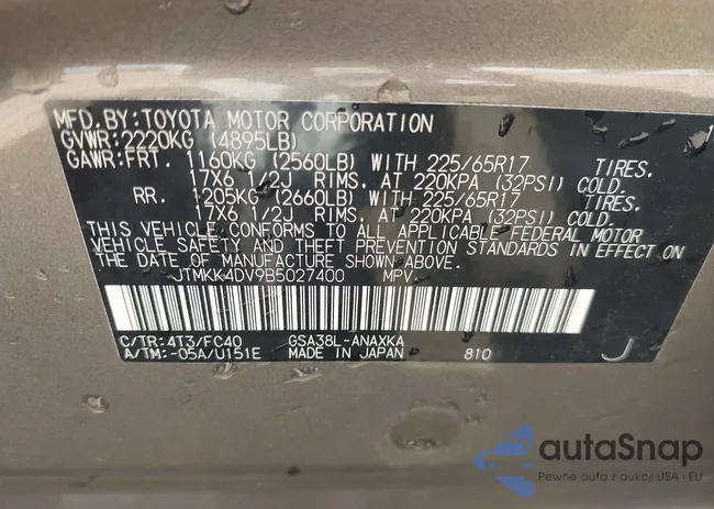 JTMKK4DV9B5027400: 42220103