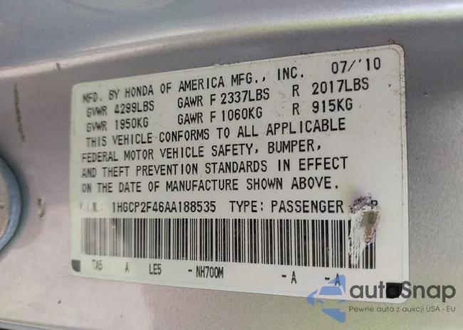 1HGCP2F46AA188535: 42221525