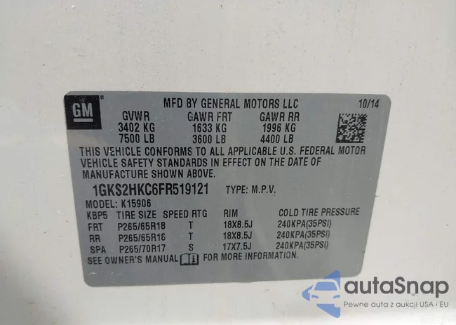 1GKS2HKC6FR519121: 42221215