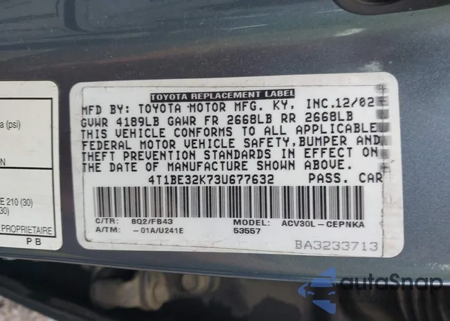 4T1BE32K73U677632: 42222010