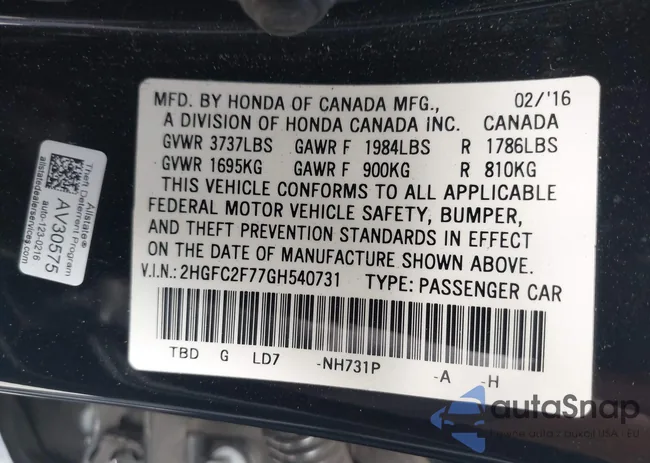 2HGFC2F77GH540731: 42223763