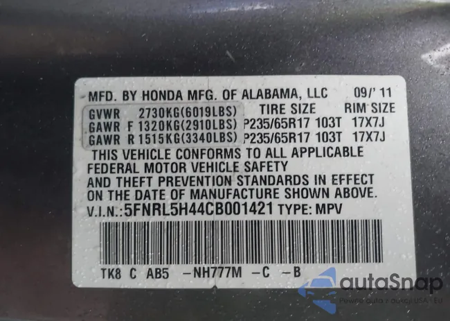 5FNRL5H44CB001421: 42223783