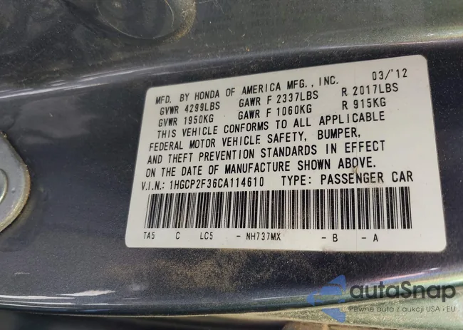 1HGCP2F36CA114610: 42224881