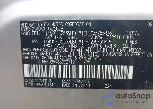 JTMBK32V965002712: 42227012