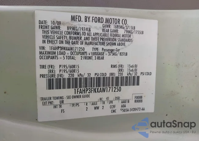 1FAHP3FNXAW171250: 42228093