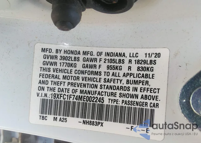 19XFC1F74ME002245: 42230620