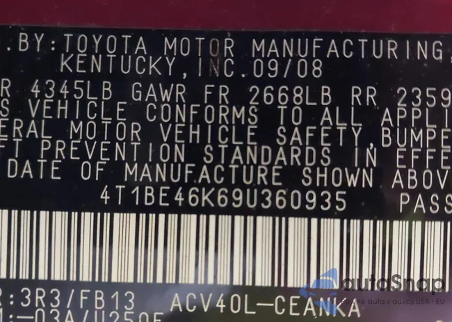 4T1BE46K69U360935: 42231935