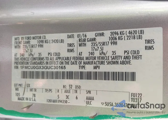 1FMCU0GX3GUC30165: 42233616