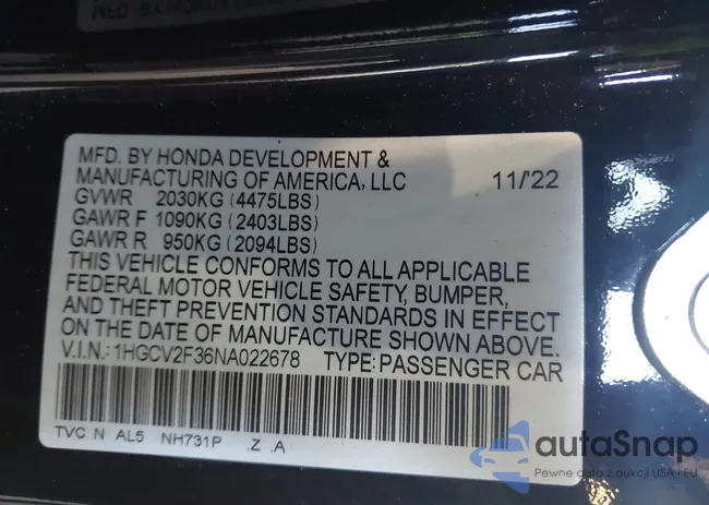 1HGCV2F36NA022678: 42233270