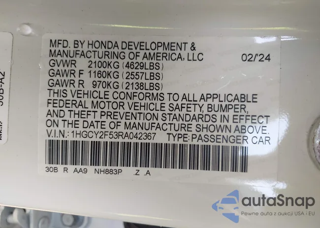 1HGCY2F53RA042367: 42234936