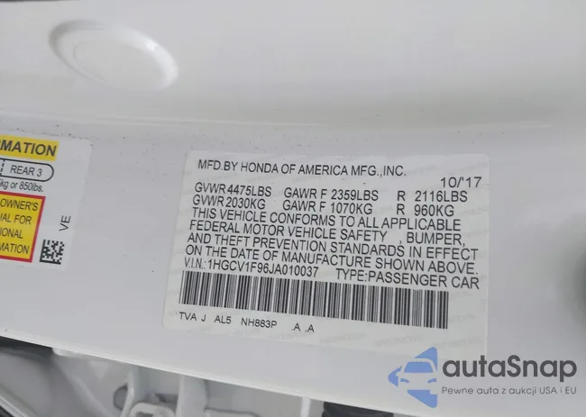 1HGCV1F96JA010037: 42234333