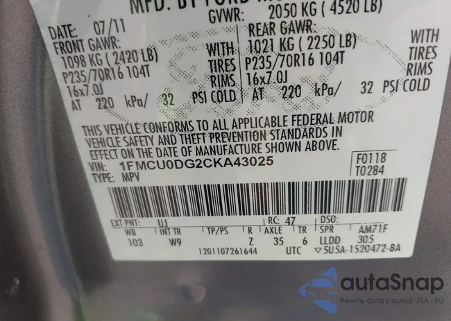 1FMCU0DG2CKA43025: 42237100