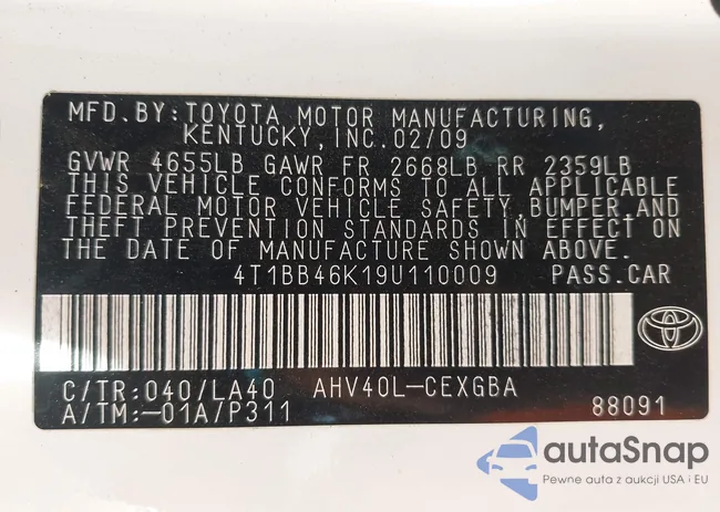 4T1BB46K19U110009: 42238593