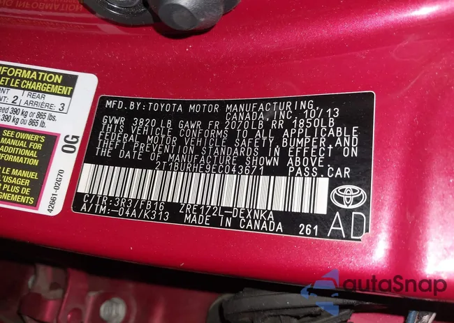 2T1BURHE9EC043671: 42238155