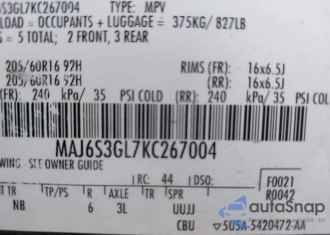 MAJ6S3GL7KC267004: 42240700