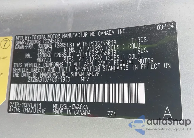 2T2GA31U74C011910: 42241034