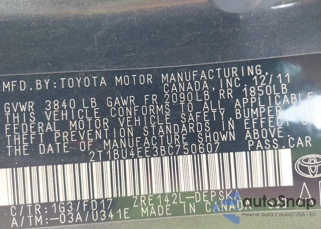 2T1BU4EE3BC750607: 42249437