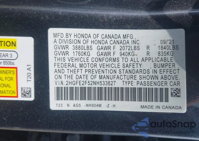 2HGFE2F52NH533627: 42251100