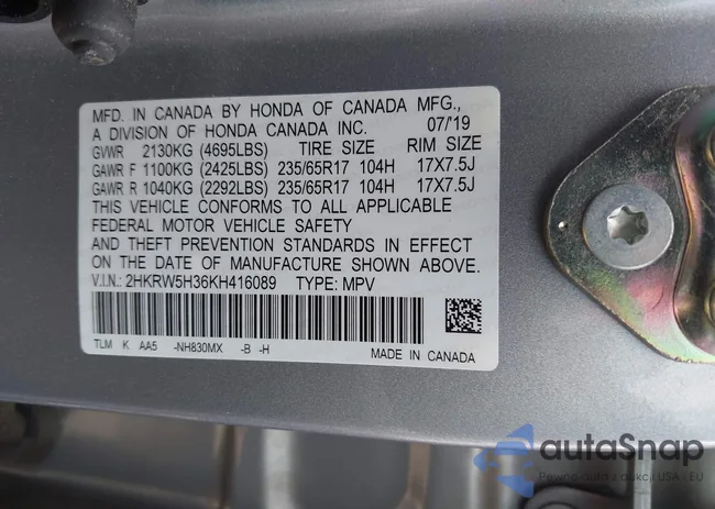 2HKRW5H36KH416089: 42252531