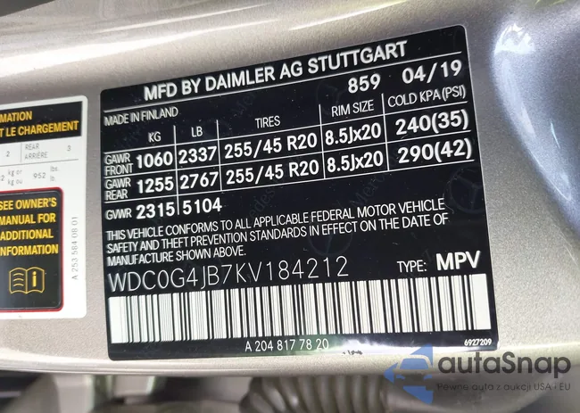 WDC0G4JB7KV184212: 42253229