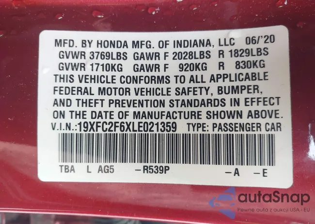 19XFC2F6XLE021359: 42254545