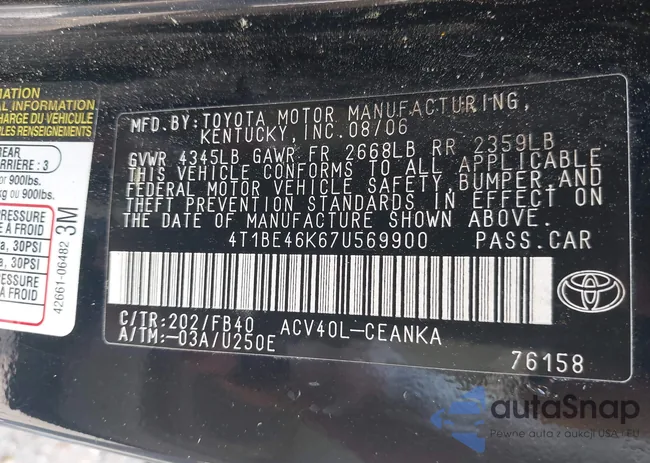 4T1BE46K67U569900: 42254596