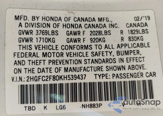 2HGFC2F80KH539437: 42258535