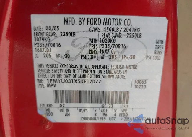 1FMYU031X5KE17077: 42260075