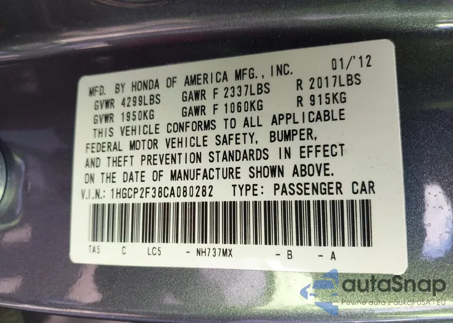 1HGCP2F38CA080282: 42261362