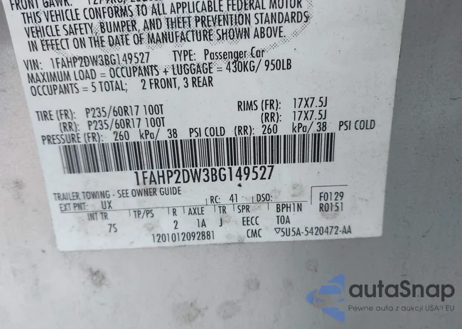 1FAHP2DW3BG149527: 42261015