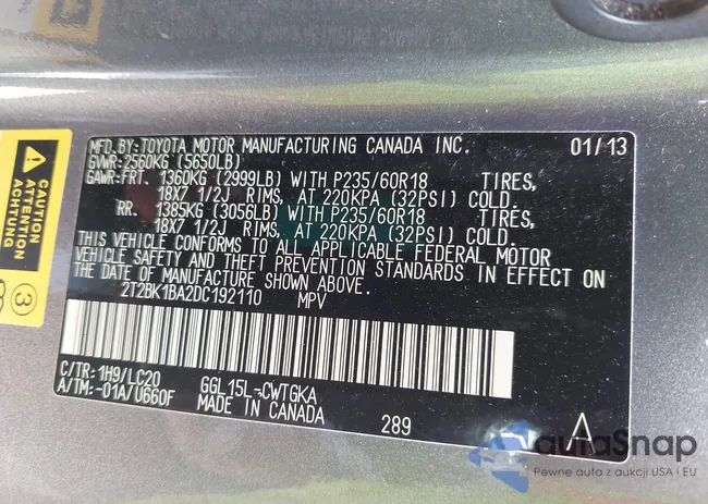 2T2BK1BA2DC192110: 42263110