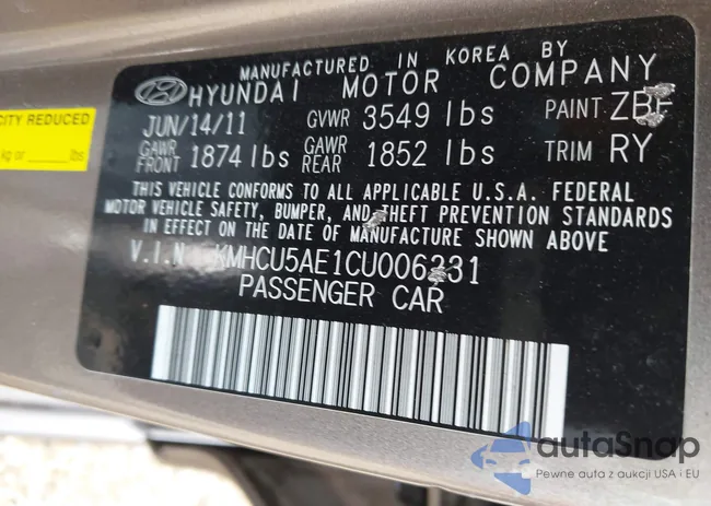 KMHCU5AE1CU006231: 42263193