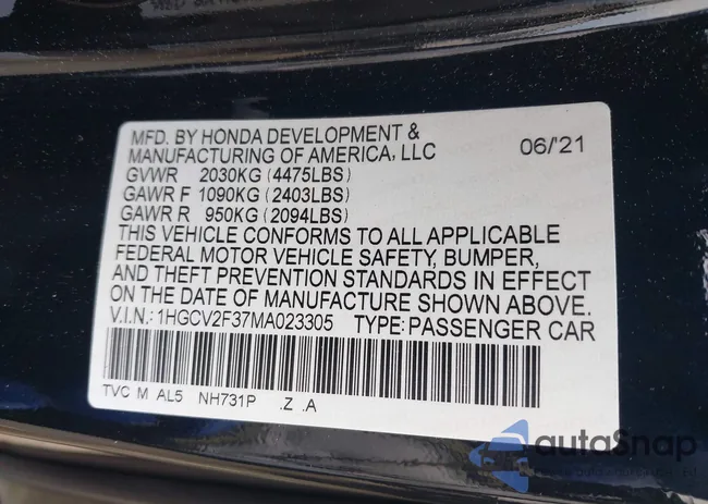 1HGCV2F37MA023305: 42263941