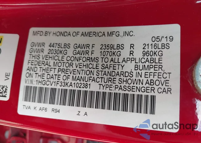 1HGCV1F33KA102381: 42264175