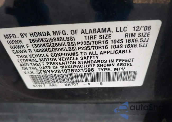 5FNYF28107B021596: 42266789