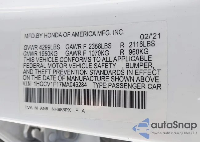 1HGCV1F17MA046284: 42267637