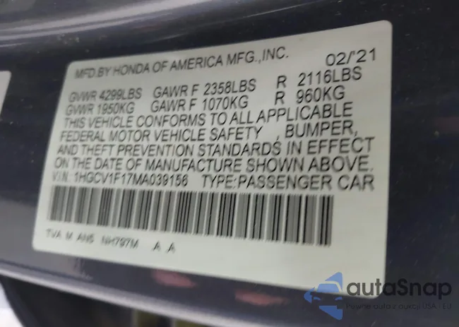 1HGCV1F17MA039156: 42273132