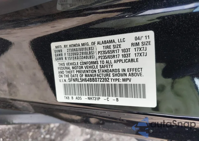 5FNRL5H64BB072392: 42274315