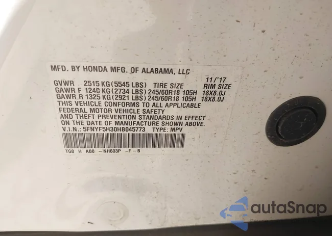 5FNYF5H30HB045773: 42274927