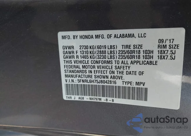 5FNRL6H75JB042816: 42276709