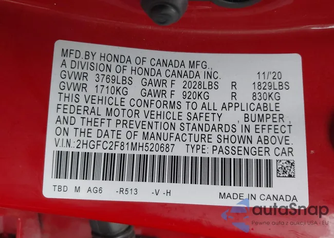 2HGFC2F81MH520687: 42278063