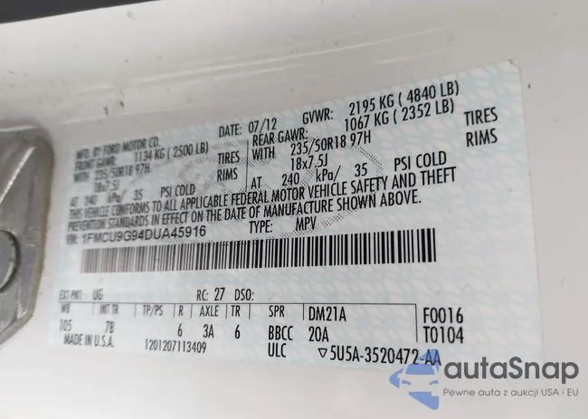 1FMCU9G94DUA45916: 42281692