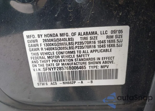 5FNYF28576B006465: 42284340