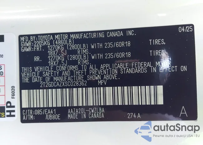 2T2GDCAZXSC028362: 42285404