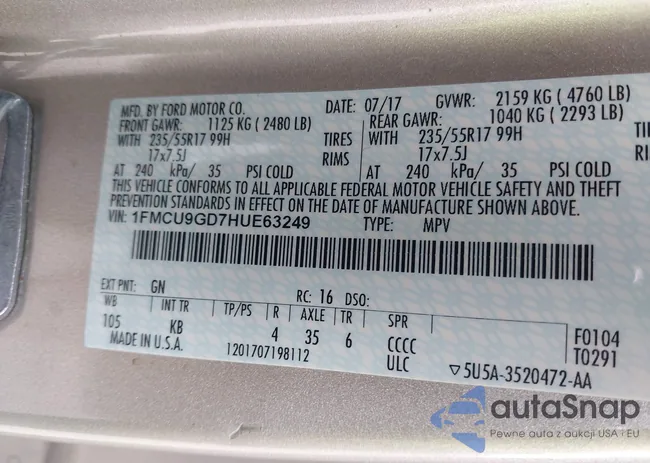 1FMCU9GD7HUE63249: 42285531