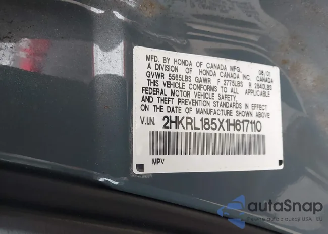 2HKRL185X1H617110: 42285577