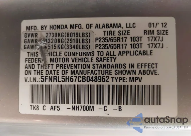 5FNRL5H67CB048962: 42286708