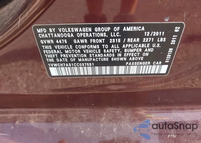 1VWCH7A31CC037551: 42288357