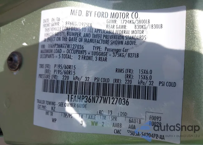 1FAHP36N77W127036: 42289500