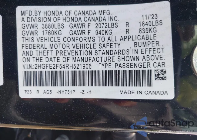 2HGFE2F54RH521906: 42288886